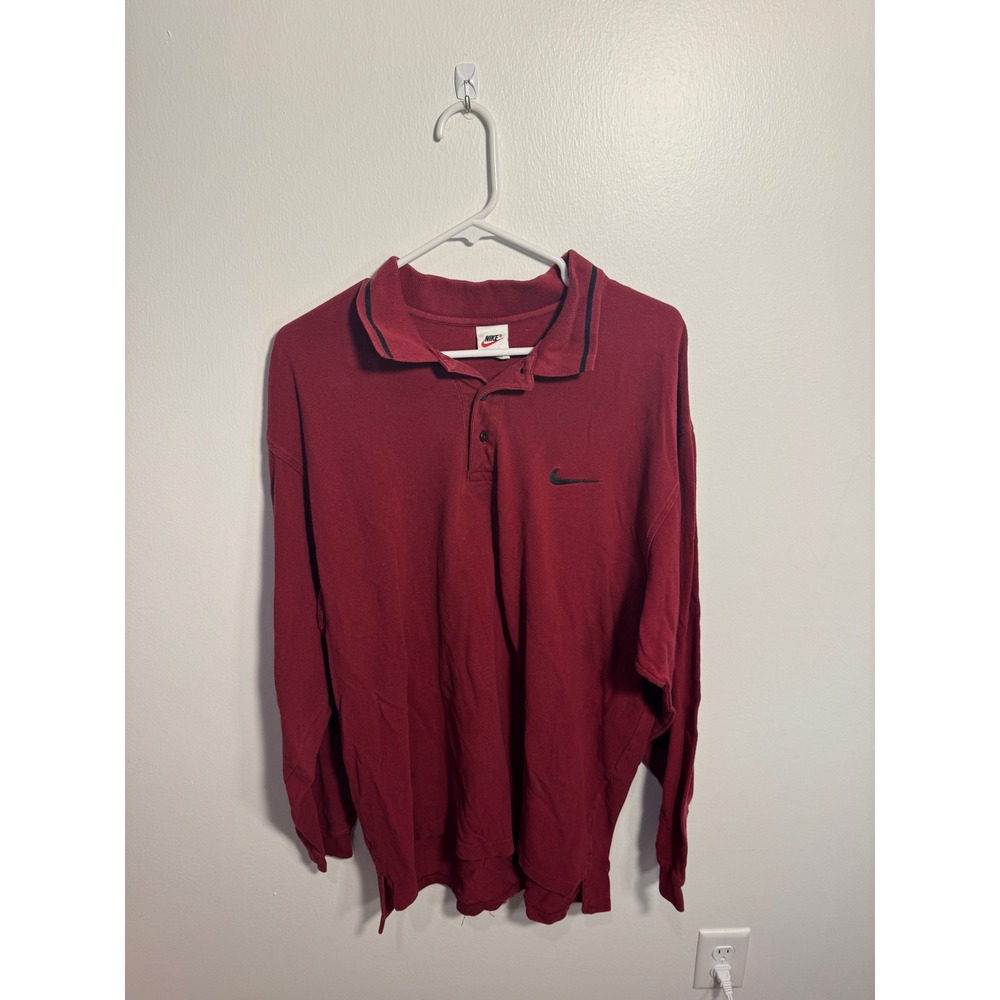 Vintage Nike Long Sleeve Polo Shirt Mens XL Maroon Burgundy Embroidered Swoosh